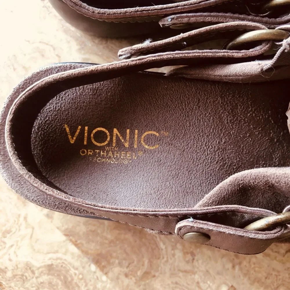 Vionic Adelaide Orthoheel Wedge Mule Slingback  Size 9 Camel Suede Gold Strap